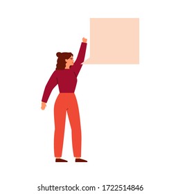 Young Strong girl activist talks speech bubble. Women activists are calling for votes. Voting and Election concept. Vector illustration