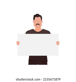 A young strong guy stands waist-deep and holds an empty sign in his hands. Isolated. Cartoon style. Vector illustration