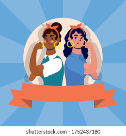 young strong interracial women female avatars characters vector illustration design