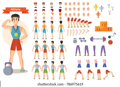 Young strong man athlete, weightlifter or bodybuilder in sportswear vector illustration. Character creation set. Different body types, emotions, hairstyles, hands, sports equipment. Build your design