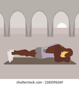 Young Strong Man Doing Yoga Plank Pose. Yoga Phalakasana Posture Or Asana. Young Male Cartoon Yoga Pose. Full Body Yoga Workout Vector Illustration