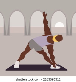 Young Strong Man Doing Yoga Extended Triangle Pose. Yoga Trikonasana Posture Or Asana. Young Male Cartoon Yoga Pose. Full Body Yoga Workout Vector Illustration