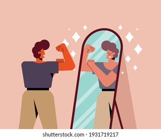 young strong man with mirror