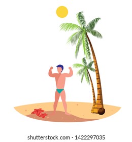young strong man on the beach summer scene