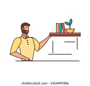 young strong man with shelf and books