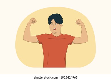 Joven hombre fuerte mostrando el concepto de biceps, músculos