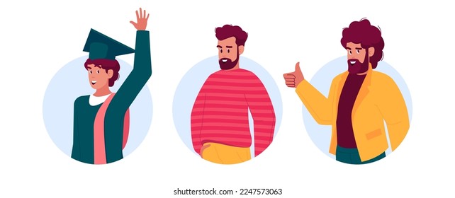 Young Student, Adult and Mature Male Character Isolated Round Icons or Avatars. Graduate Scholar, Bearded Confident Businessman Persons on White Background. Cartoon Vector Illustration