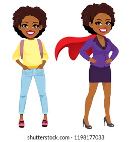 Young student African American girl transforming into super business woman