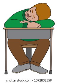 A young student is asleep at his desk