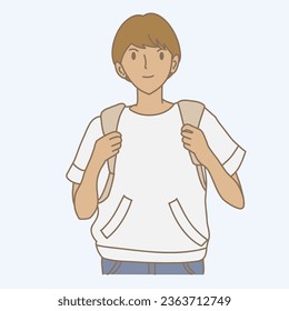 Young student with backpack going to school. Boy preparing to travel. Hand drawn flat cartoon character vector illustration.