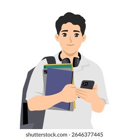 Jovem estudante com mochila, fones de ouvido e livros na mão verifica seu telefone indo para a escola. Ilustração de caractere de vetor plano