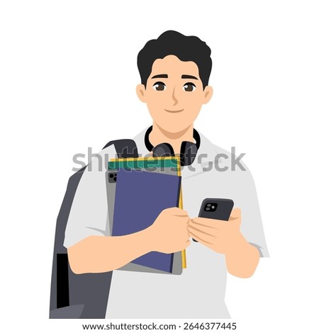 Young student with a backpack, headphones, and books in hand checks his phone heading to school. Flat Vector character illustration