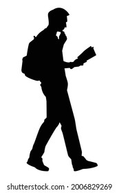 Young student with book and backpack silhouette vector on white background