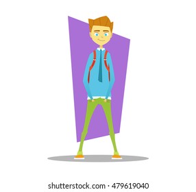 Young student boy with backpack. Cartoon style vector illustration.