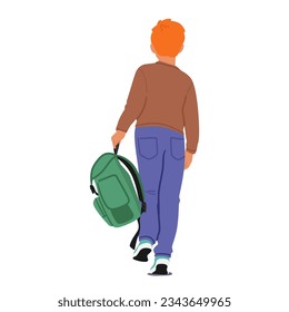 Caracter De Joven Estudiante Con Una Mochila, Un Pequeño Alumno Caminando Hacia La Escuela Con Un Sentido De Determinación Y Emoción Por El Día Que Viene Frente A La Vista Trasera. Ilustración de vectores de personas de caricatura