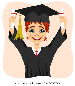 young student boy holding two diplomas with both hands on graduation day 