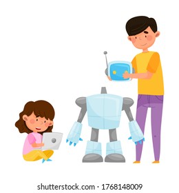 Young Student Boy Standing with Kid and Controlling Robot with Tablet Vector Illustration