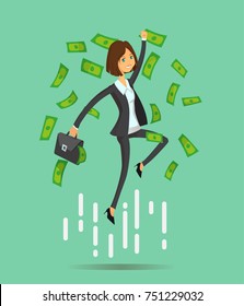 Young Student business lady. Success business woman on money cloud. Happy jumping worker man. Full editable for animation. Vector modern concept flat design character.