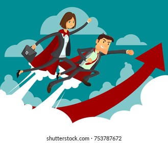 Young Student business woman and businessman. Super heroes business people on statistics red arrow. Full editable for animation. With portfolio bag. Vector modern concept flat design character.