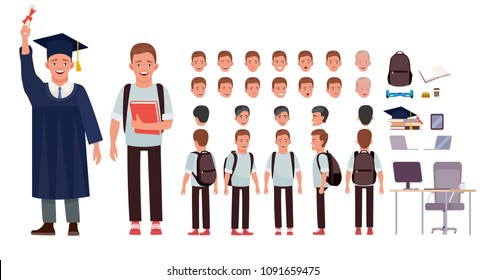 Young student. Character creation set. Full length, different views, emotions, gestures, isolated against white background. Build your own design. Cartoon flat vector illustration