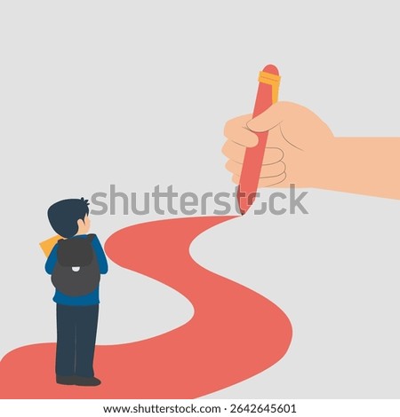 A young student child with a backpack watches as a big hand draws a red path with a pencil, showing guidance, learning, and the start of a journey toward future dreams and success. Vector illustration