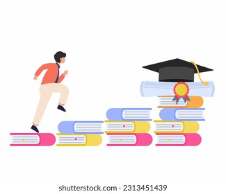 young student climbing the books ladder to reach the degree and wearing university graduation hat.