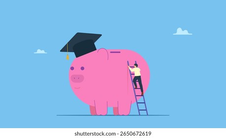 A young student climbing the ladder to reach piggy bank wearing university graduation hat. Education fund, cost and expense in books, course study, saving money to achieve degree and graduation.