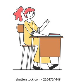 Young student at college classroom studying lesson flat vector illustration. Young people in class listening lecture and teacher explaining theme