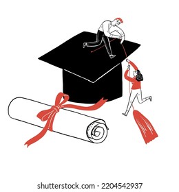 A young student of college is helping his friend up above on the graduation cap. Vector illustration hand drawn doodle style.