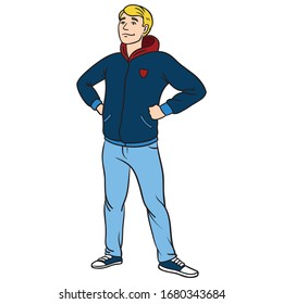 young student with college jacket stands proud and happy. heroic pose, blonde, blue, character, illustrator, isolated.