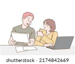 Young student discussion about business project, Teamwork, Analysis business concept. Hand drawn in thin line style, vector illustration.