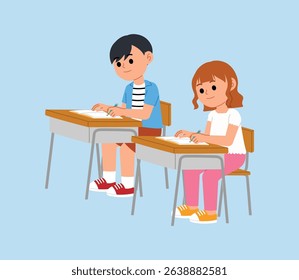 young student doing class assignment at student desk, children taking test in class illustration