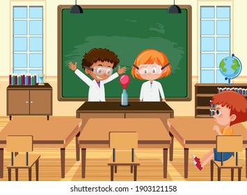 Young student doing science experiment in the classroom scene illustration