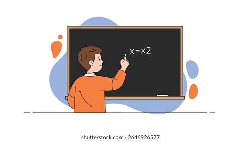 Young student enthusiastically solves a math equation on a blackboard during a lesson