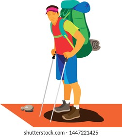 a young student is a fan of hiking with a backpack and ski sticks in nature