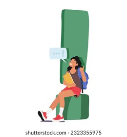 Young Student Female Character Sitting at Huge Exclamation Mark With Book, Backpack, Smile and Speech Bubble, Showing Thumb Up, Symbolizing Satisfaction and Success. Cartoon People Vector Illustration