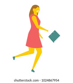 A young student girl in big hurry, flat vector icon 