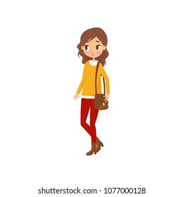 Young student girl in sweater, pants, high-heeled boots and handbag on shoulder. Flat vector design