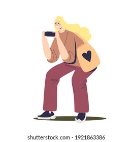 Young student girl using smartphone to make selfie photo, surf web or text via social media or messenger app. Cartoon female with cellphone. Flat vector illustration