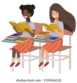 young student girls reading in school desk