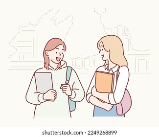 Young student going to college class, walking trough university campus. Hand drawn style vector design illustrations.