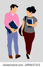 Estudiante joven que va a clase universitaria, caminando por el campus universitario. Ilustración vectorial plana. 