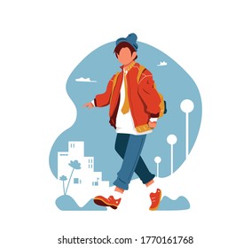 young student going to school, teen university, student walking towards school or university, back to school. Vector illustration cartoon character