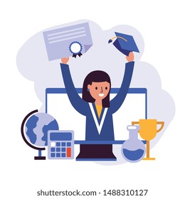 young student graduate with diploma and graduate cap with globe calculator trophy and test tube cartoon. vector illustration