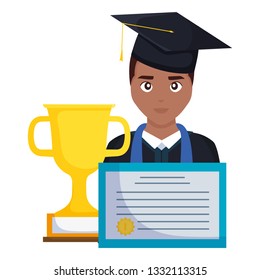 young student graduated black with diploma and trophy