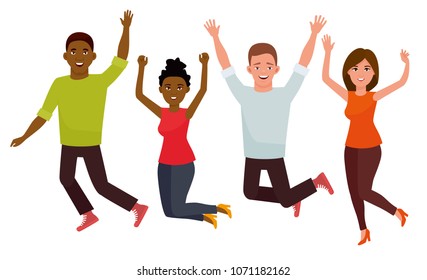 Young student group jumping people isolated in a white background. Cartoon vector character illustration.