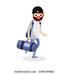 Young student guy with a blue sports bag. a man with a backpack running. a man is late for a vacation. carries a heavy load - Cartoon flat illustration
