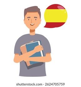 Young student is holding books and learning the spanish language
