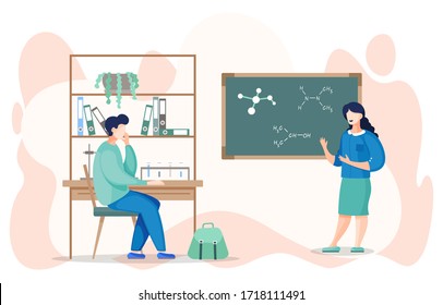 Young student learning the chemistry in classroom. Teacher standing near the board point at chemical bonds and explaining it. Young man listening coacher in the training class. Cartoon characters.