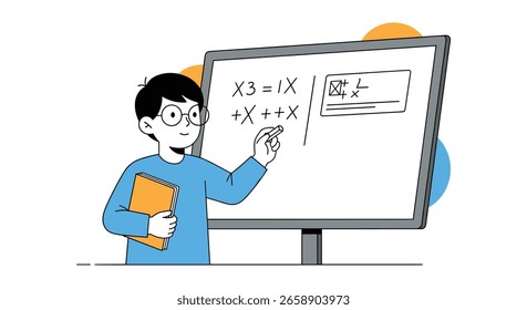 Jovem estudante aprendendo matemática e resolvendo equações em um quadro branco em um ambiente de sala de aula brilhante